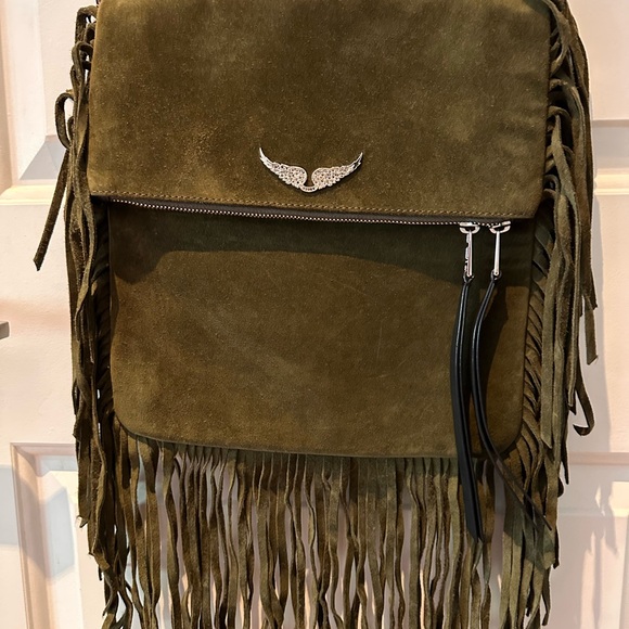 Zadig & Voltaire Rockson Fringes Suede Crossbody Boho Bag military green - Picture 7 of 8